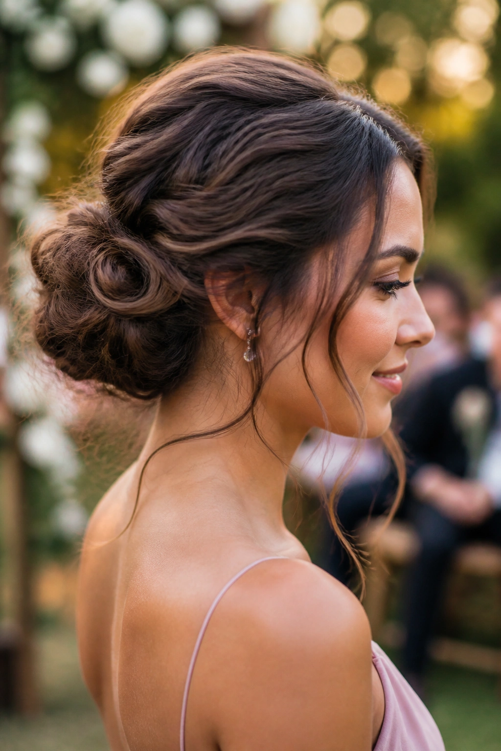 Close-up of a real woman with a textured messy bun and tendrils in a garden setting.