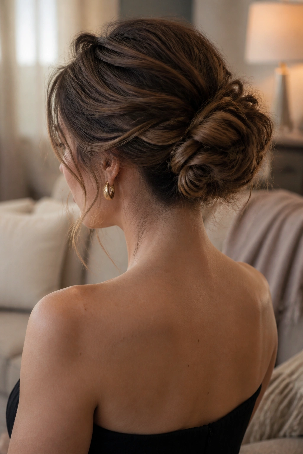 Close-up of a real woman with a textured messy bun pinned for polish