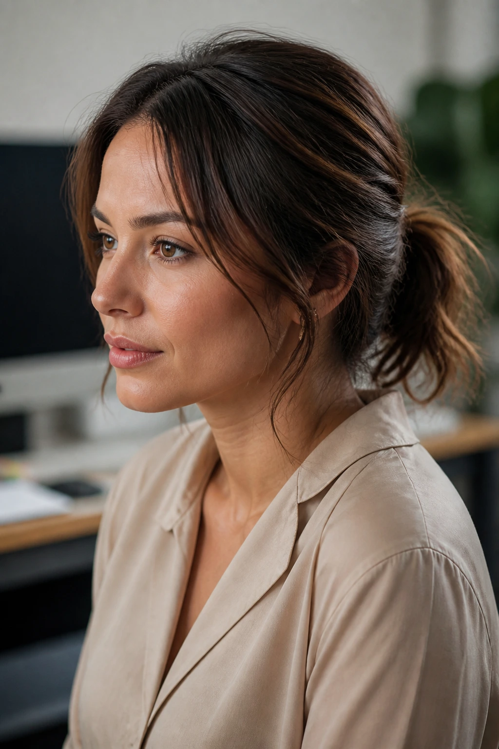 Close-up of a woman with a textured messy low pony in a work setting