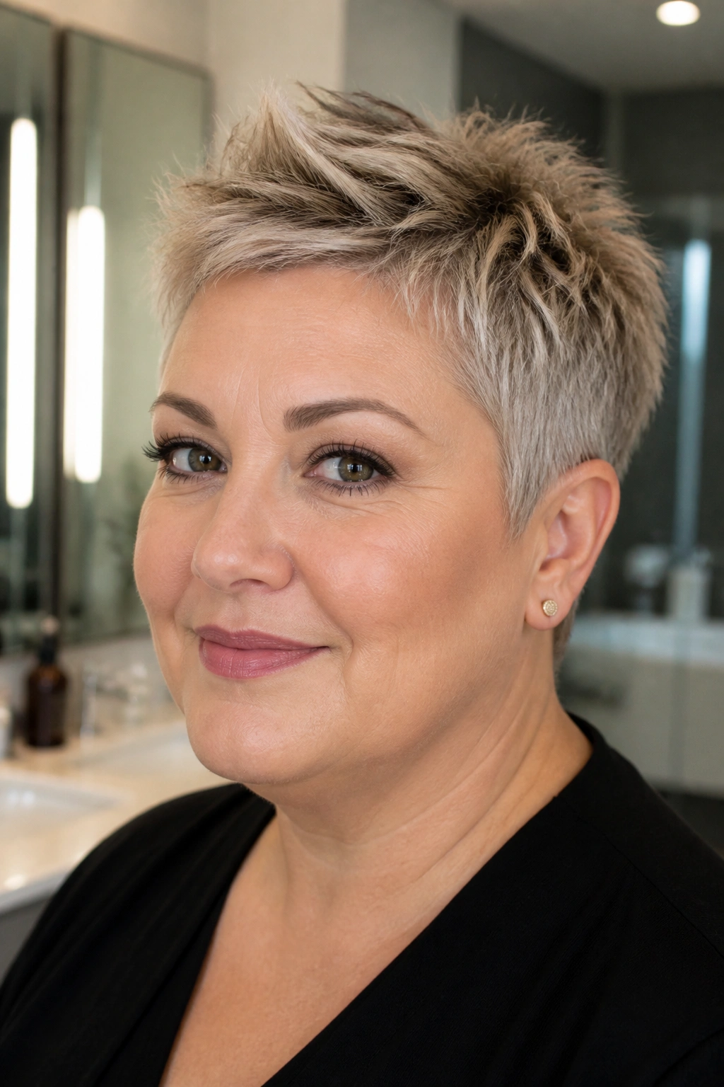Close-up portrait of a real woman with textured micro pixie in a bright space