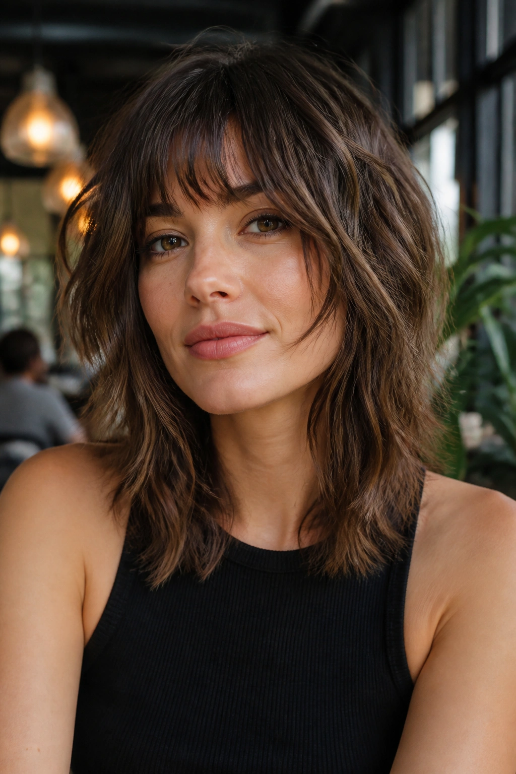 Close-up portrait of a real woman with textured mid-length shag showing movement in hair