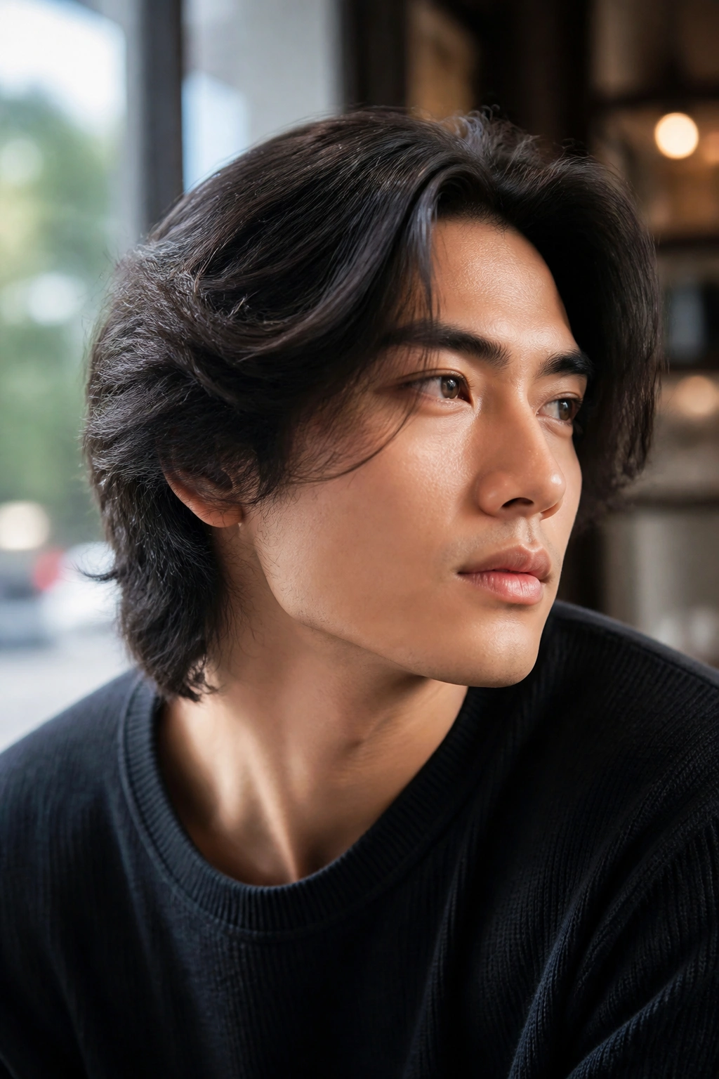 Close-up of a man with textured middle part and loose volume, cafe window light.