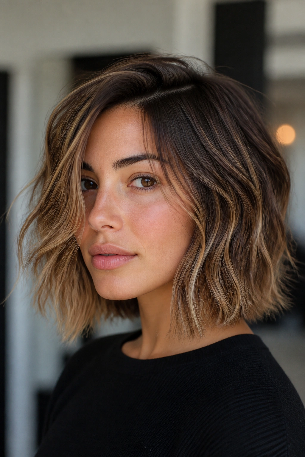 Close-up of a real person with a textured midi bob and piecey separation