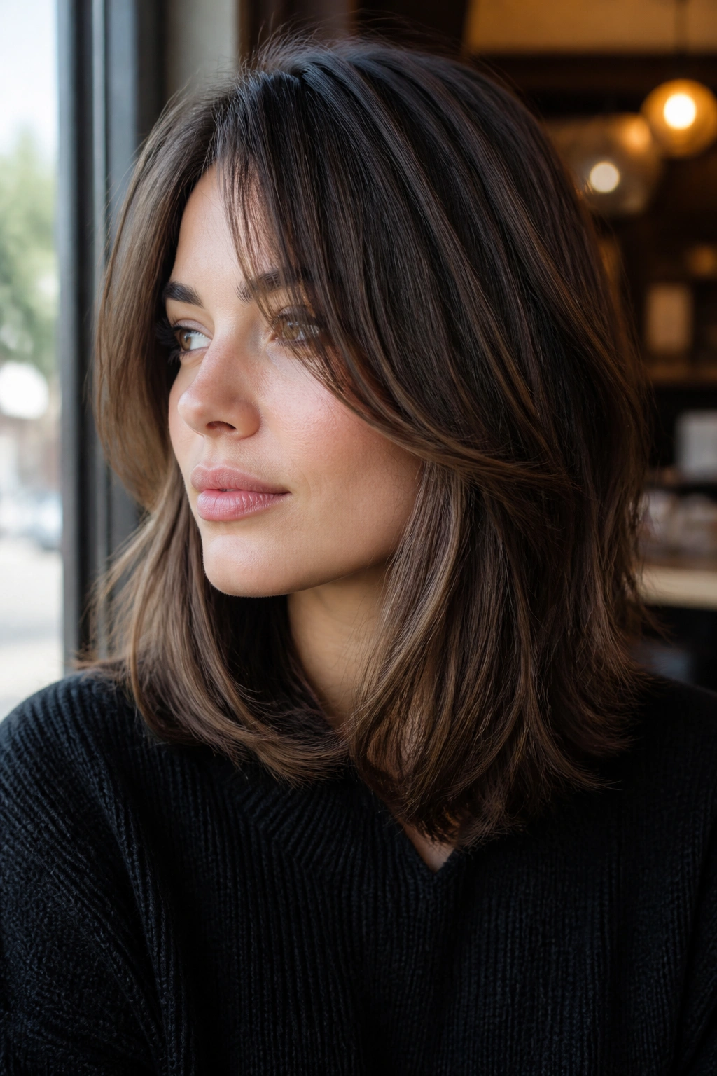 Real person with a textured midi cut and face-framing angles near the chin.