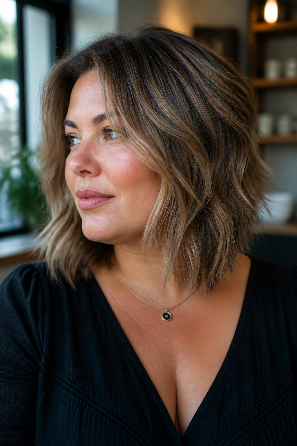 Close-up of a real woman with a textured midi cut and piecey ends