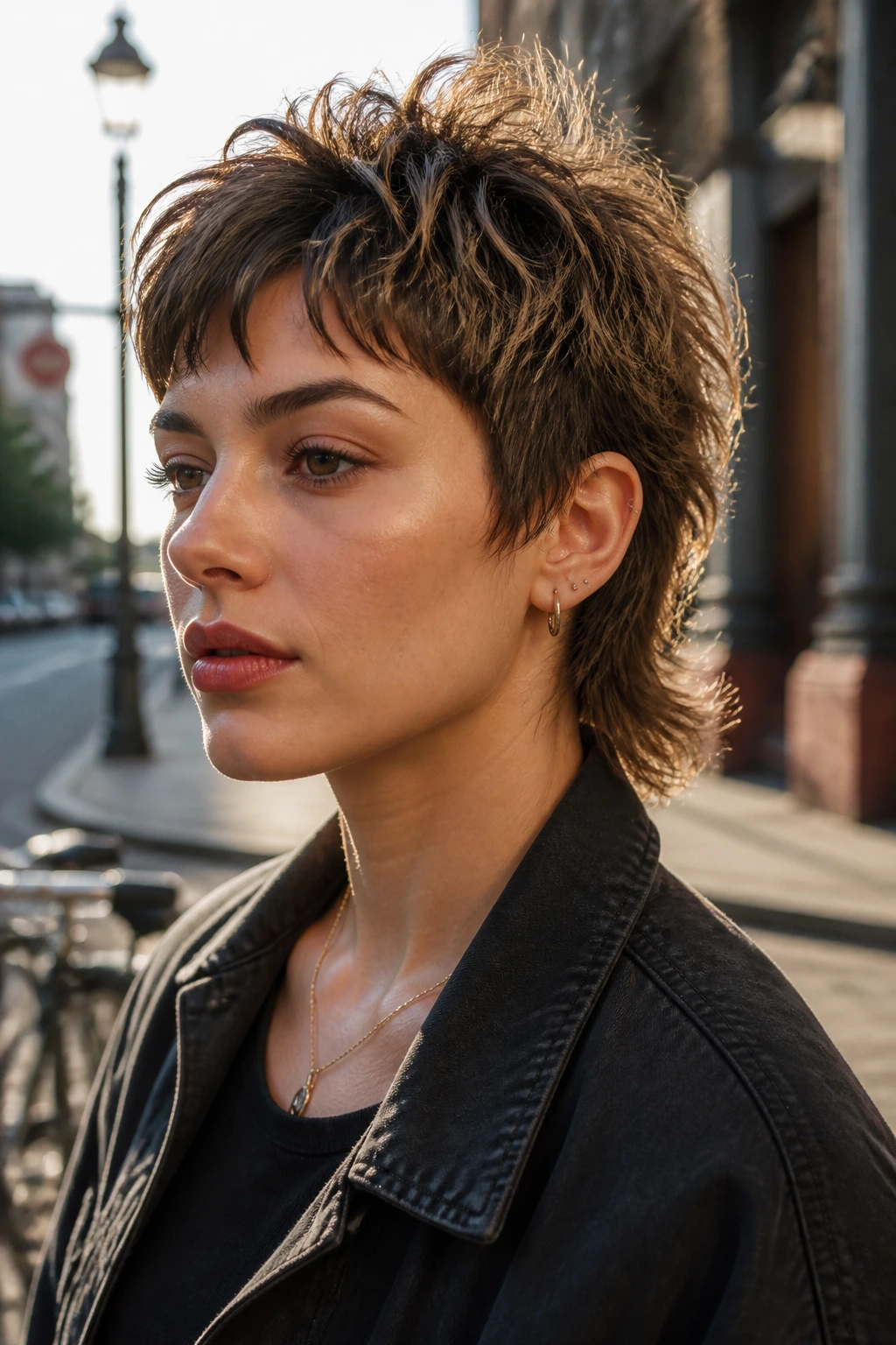 Portrait of a real person with textured mullet in natural daylight