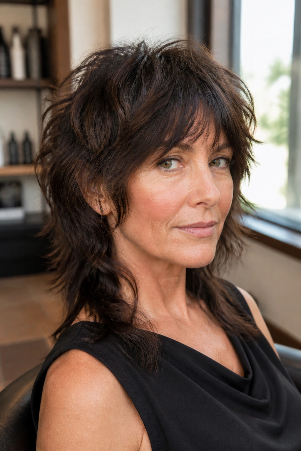 Close-up portrait of a real woman with textured mullet-shag hybrid hairstyle in warm salon lighting