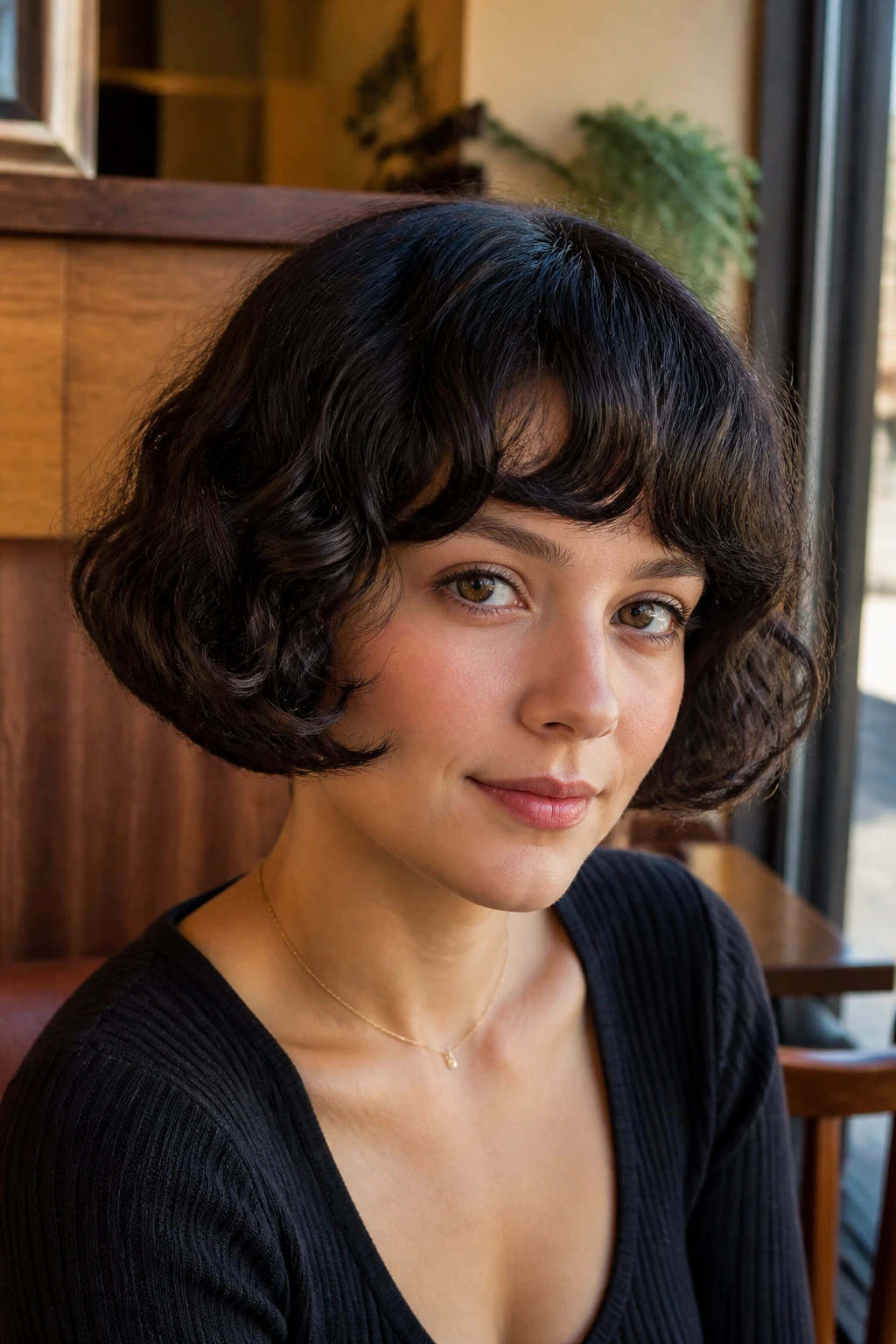 Portrait of a woman with textured pageboy and arched bangs, 2c curls