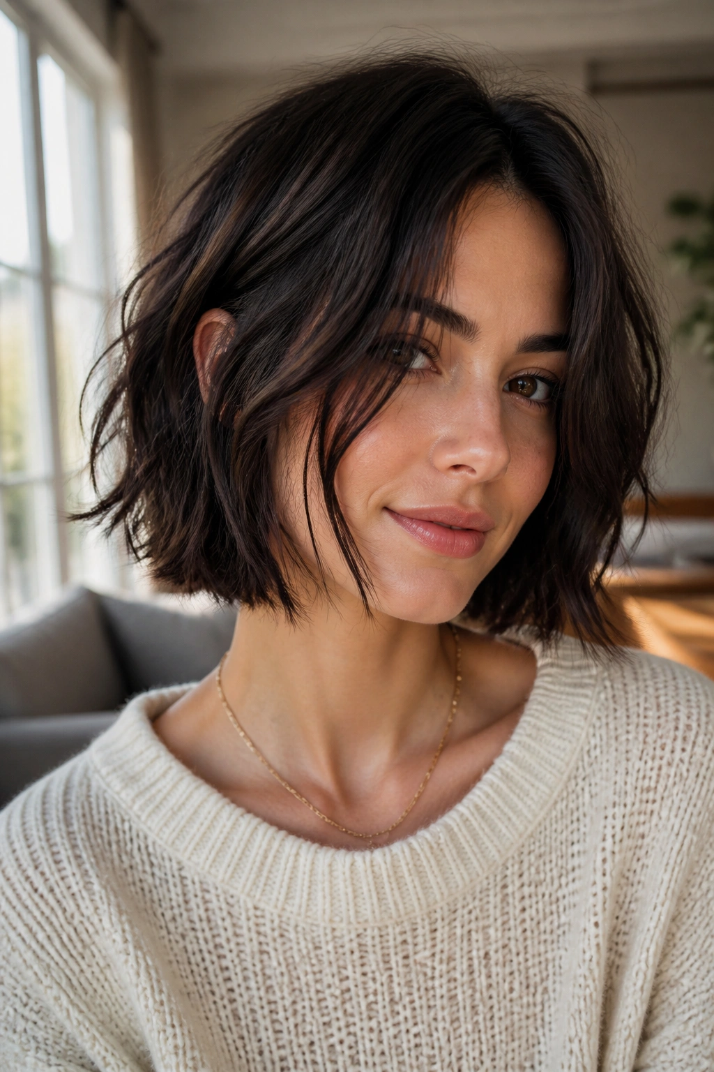 Close-up of a real woman with a textured piecey bob