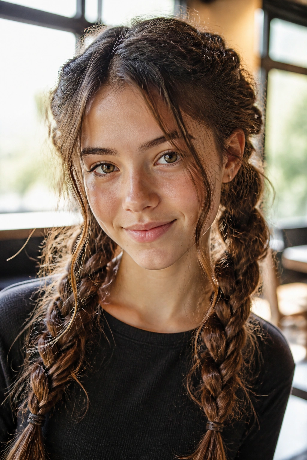 Close-up of a real girl with messy textured pigtails on wavy hair
