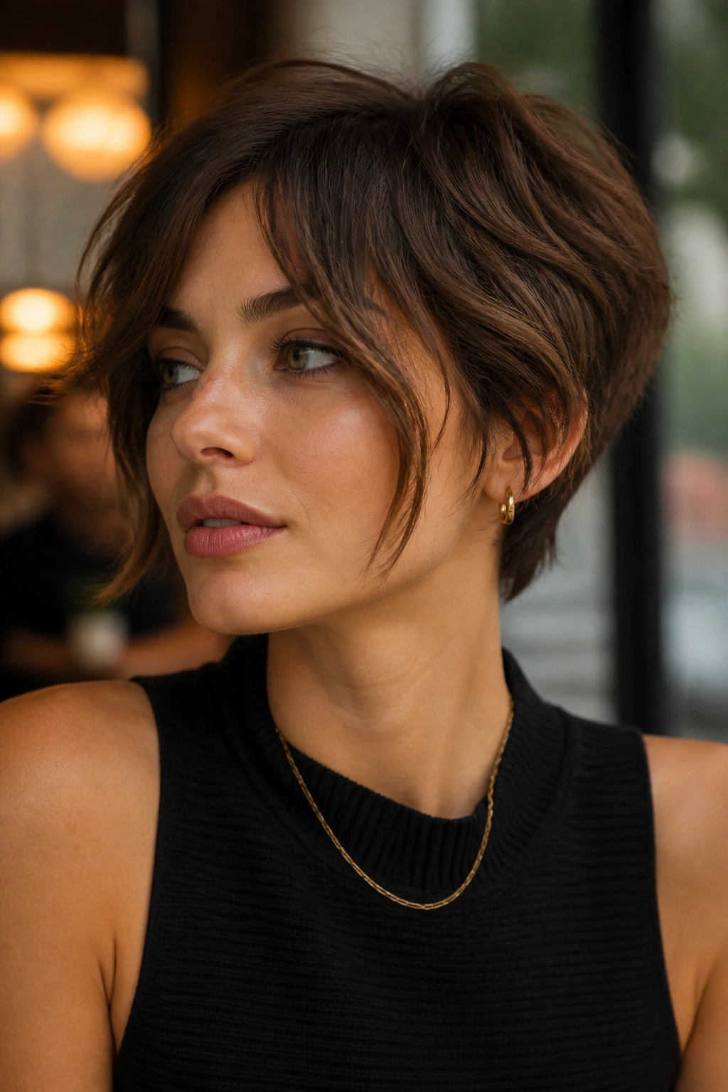 Close-up of a real woman with a textured pixie bob and longer fringe pieces