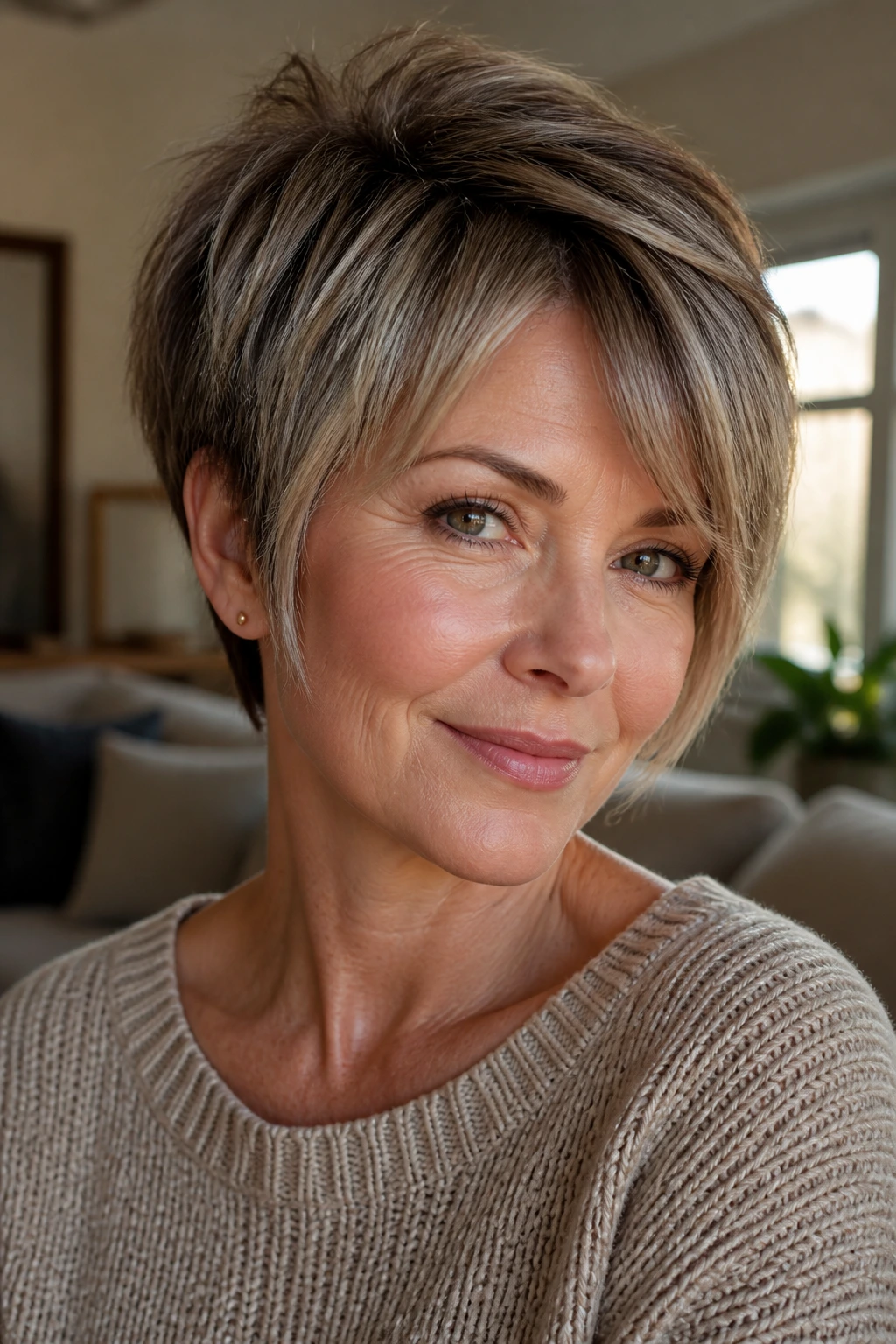 Close-up portrait of a real woman with textured pixie-bob hairstyle, longer front pieces and a textured crown.