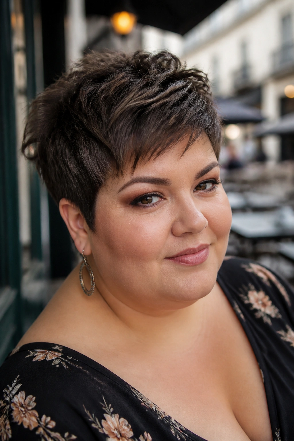 Close-up portrait of a real woman with textured crop pixie and choppy layers in natural daylight