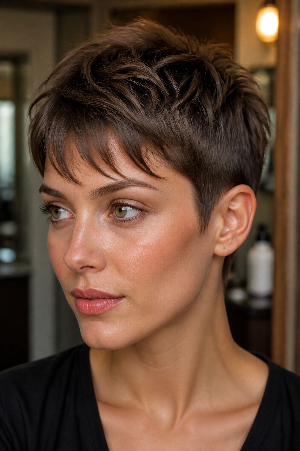 Real person with a textured pixie crop showing clean lines and movement.