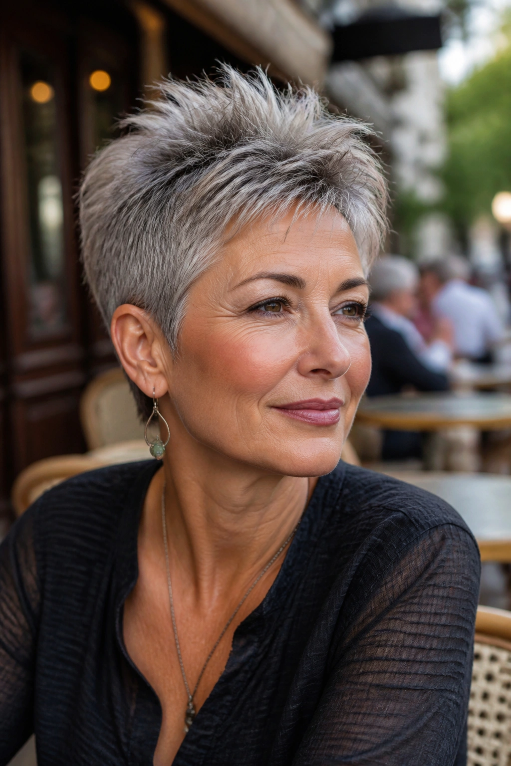Real woman with textured pixie and crown height.