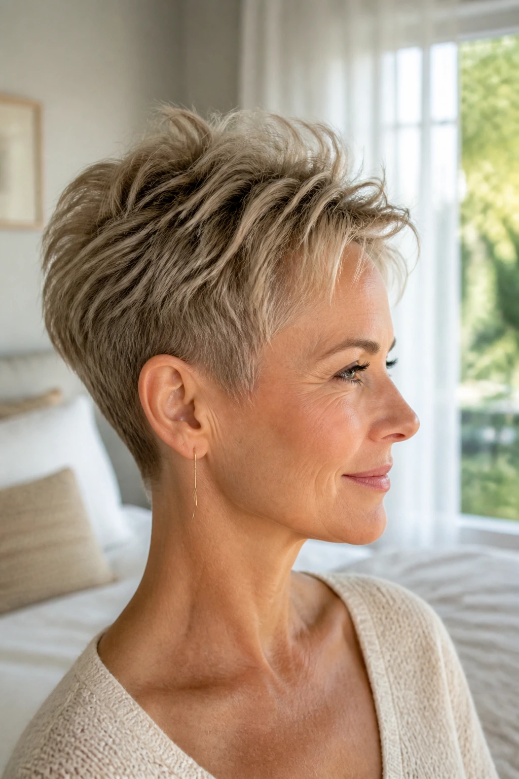 Portrait of real woman with textured pixie and crown lift in bright bedroom