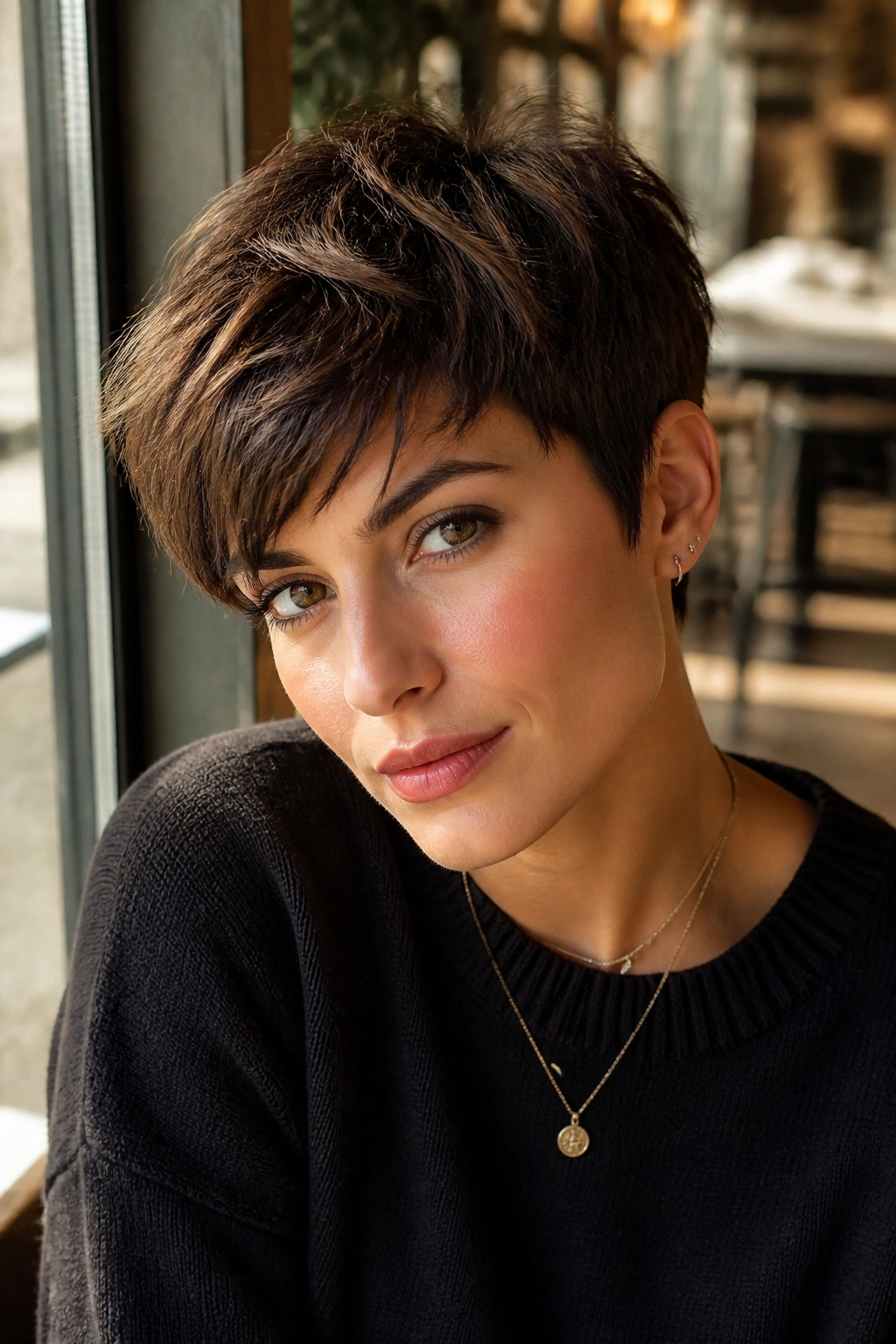 Portrait of a woman with textured pixie and long crown for forehead balance
