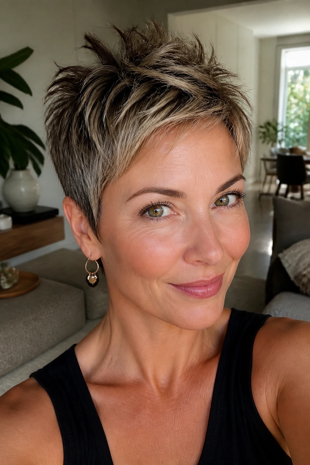 Close-up of a real woman with a textured pixie and piecey crown in bright room