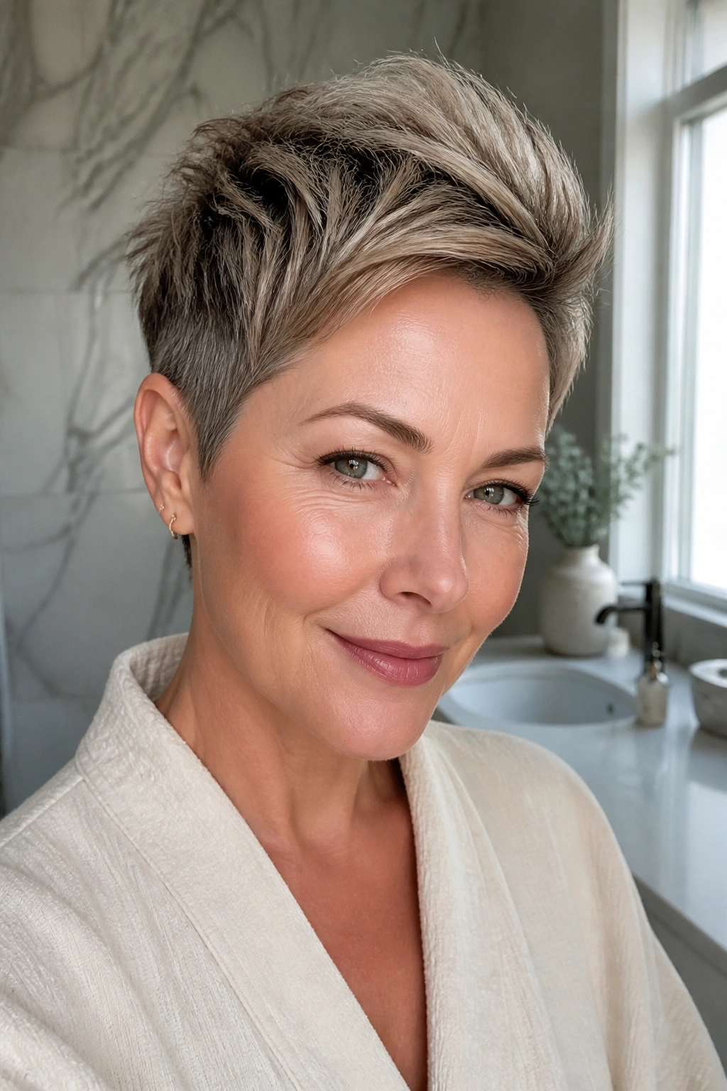 Close-up of a real woman with textured pixie and longer crown.