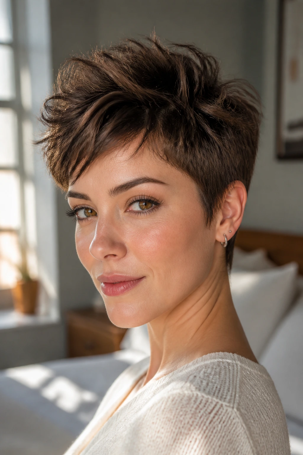 Close-up portrait of a real woman with textured pixie and crown volume