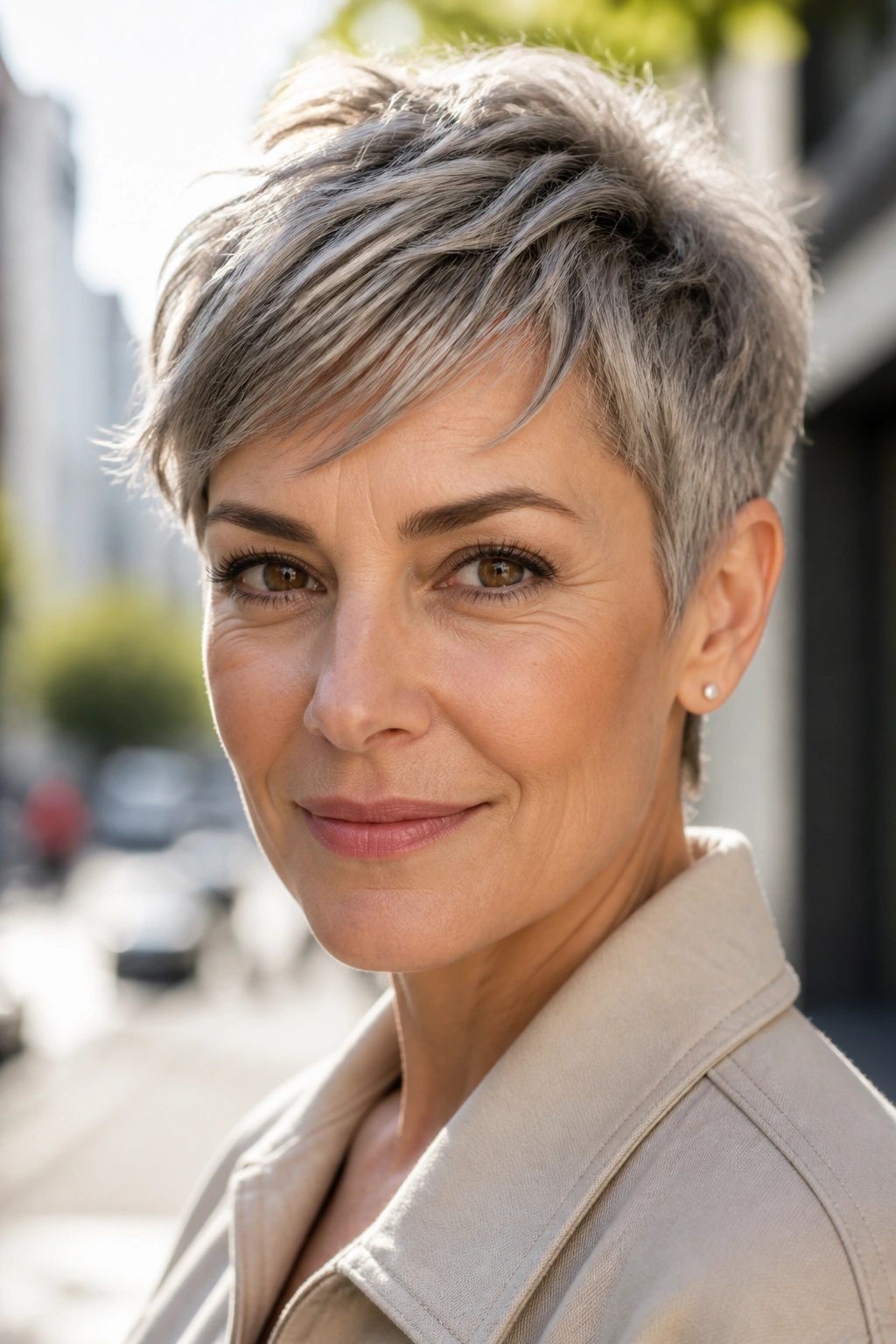 Close-up of a real woman with a textured pixie cut in natural light.
