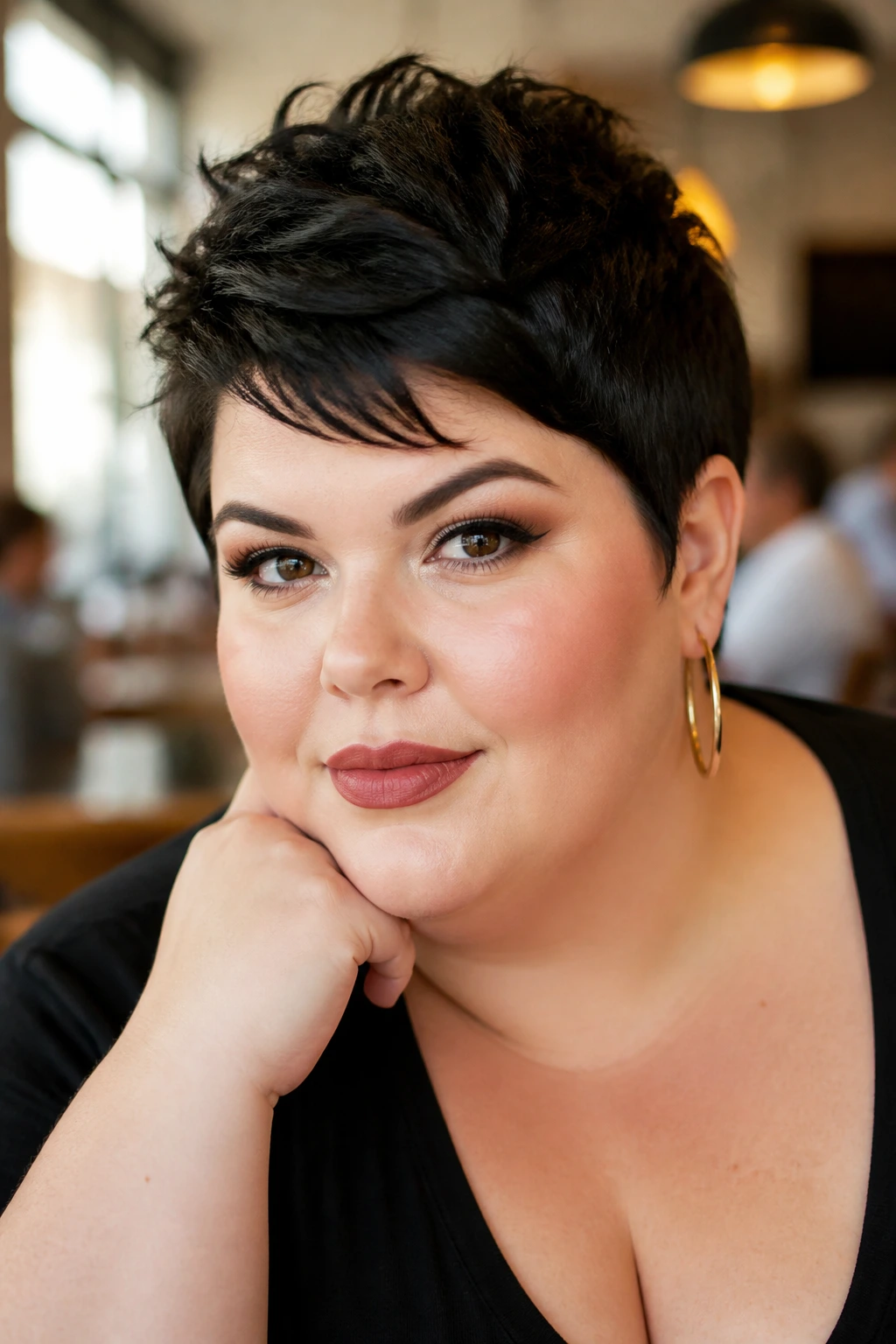 Close-up portrait of a real woman with textured pixie cut in bright cafe light