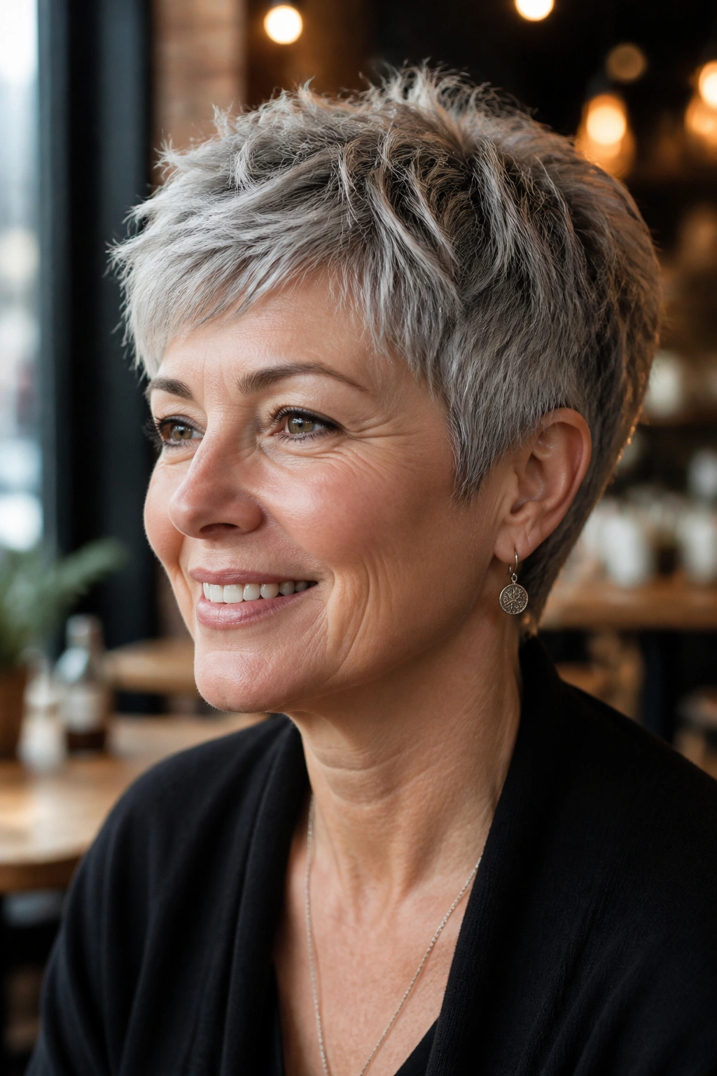 Portrait of a woman with a textured pixie cut