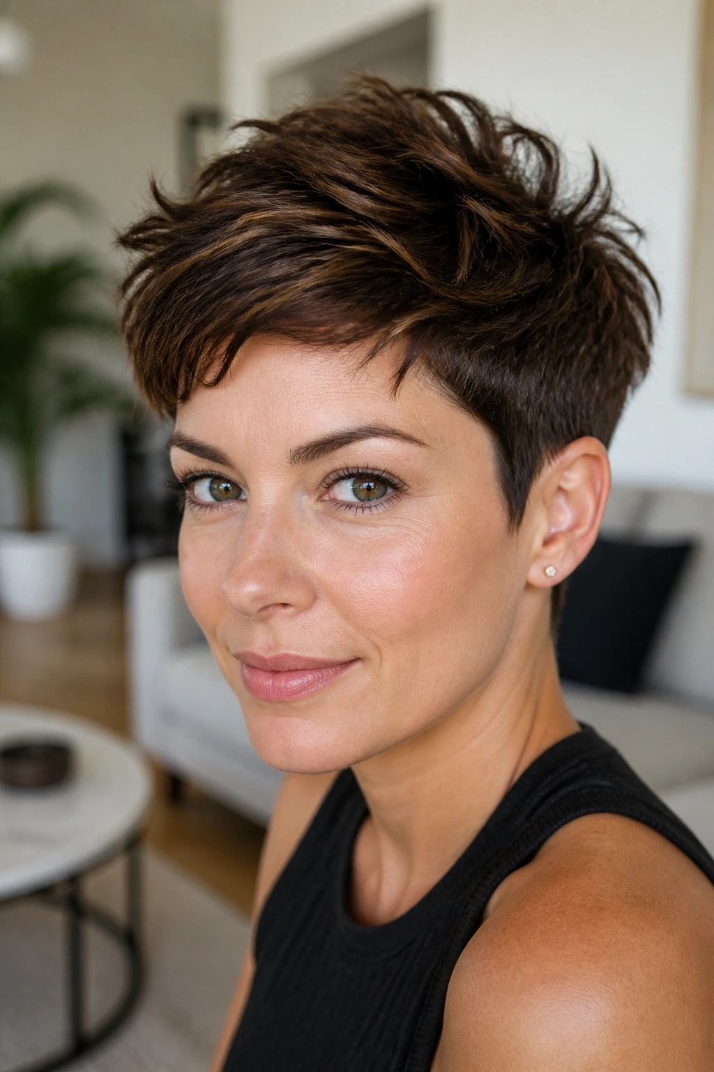 Close-up of a real woman with a textured pixie cut on thick hair in bright daylight