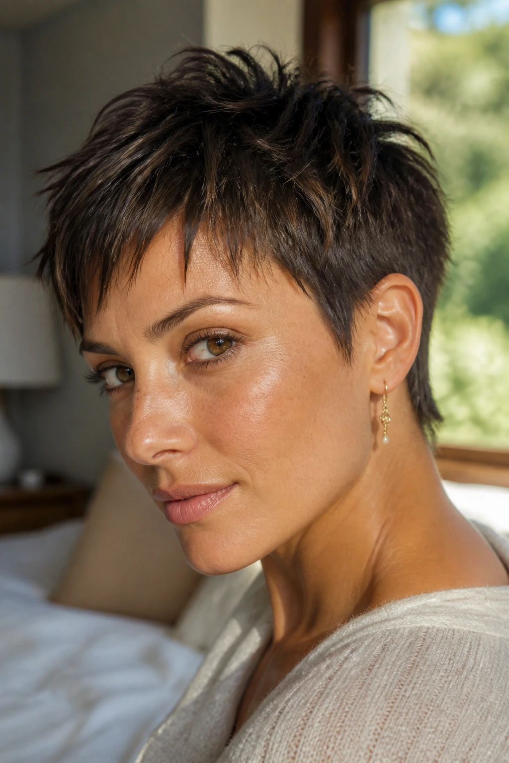 Close-up of a real woman with a textured pixie cut and piecey ends under warm window light