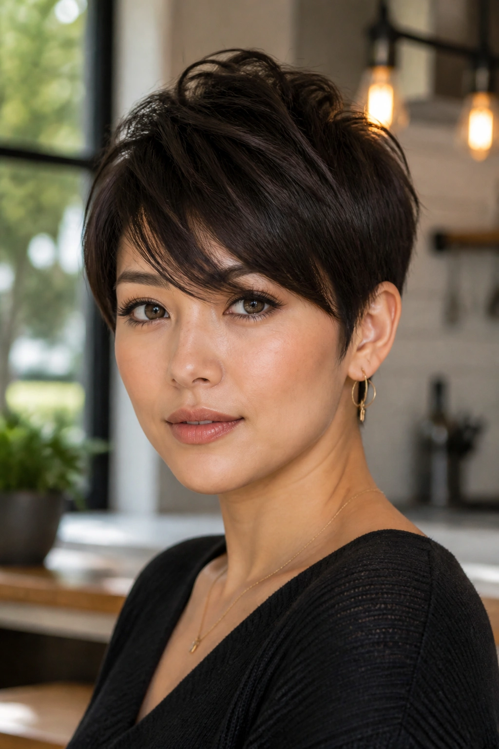 Close-up portrait of a real woman with textured pixie and soft side fringe in natural light