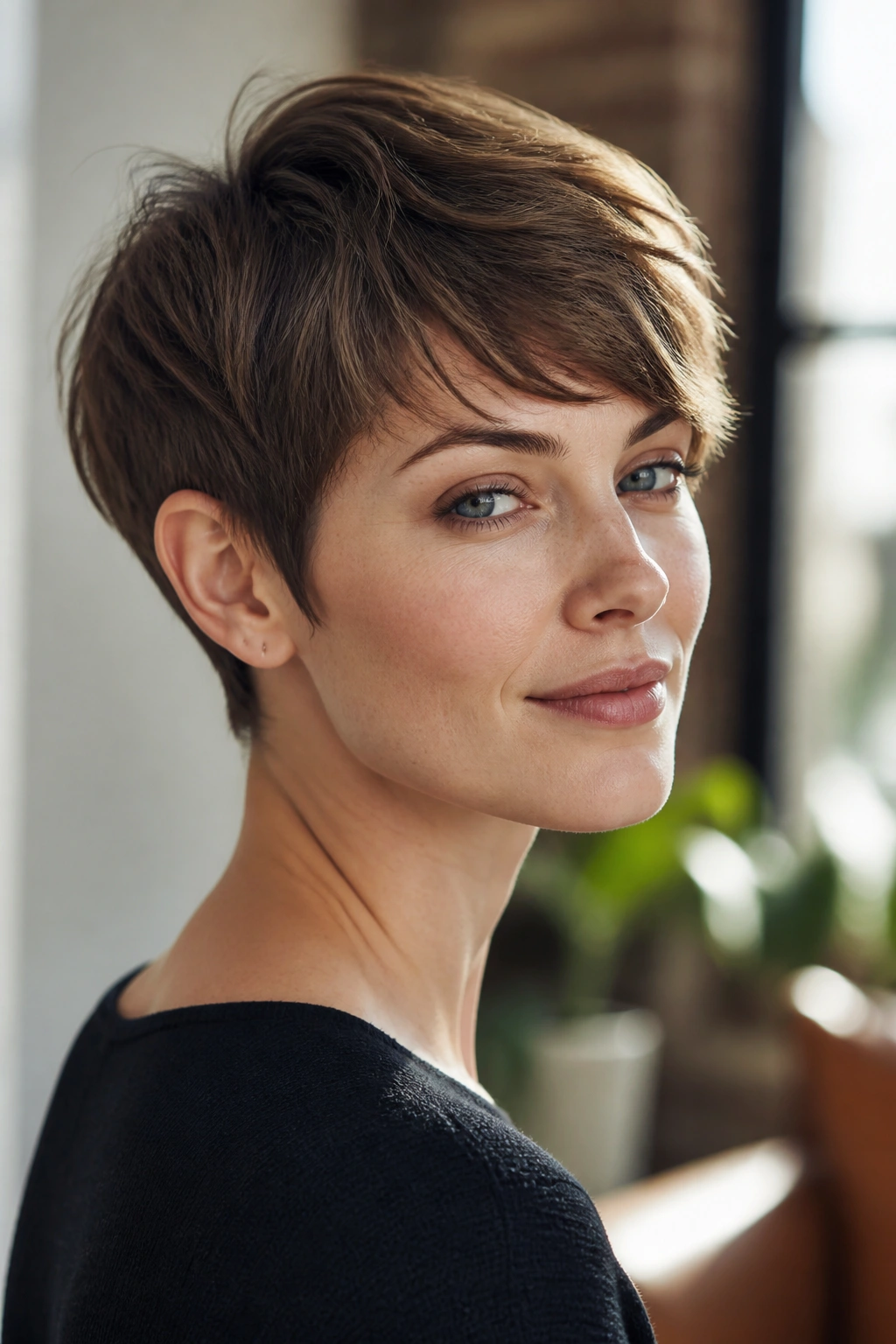 Close-up portrait of a real woman with textured pixie and soft fringe.