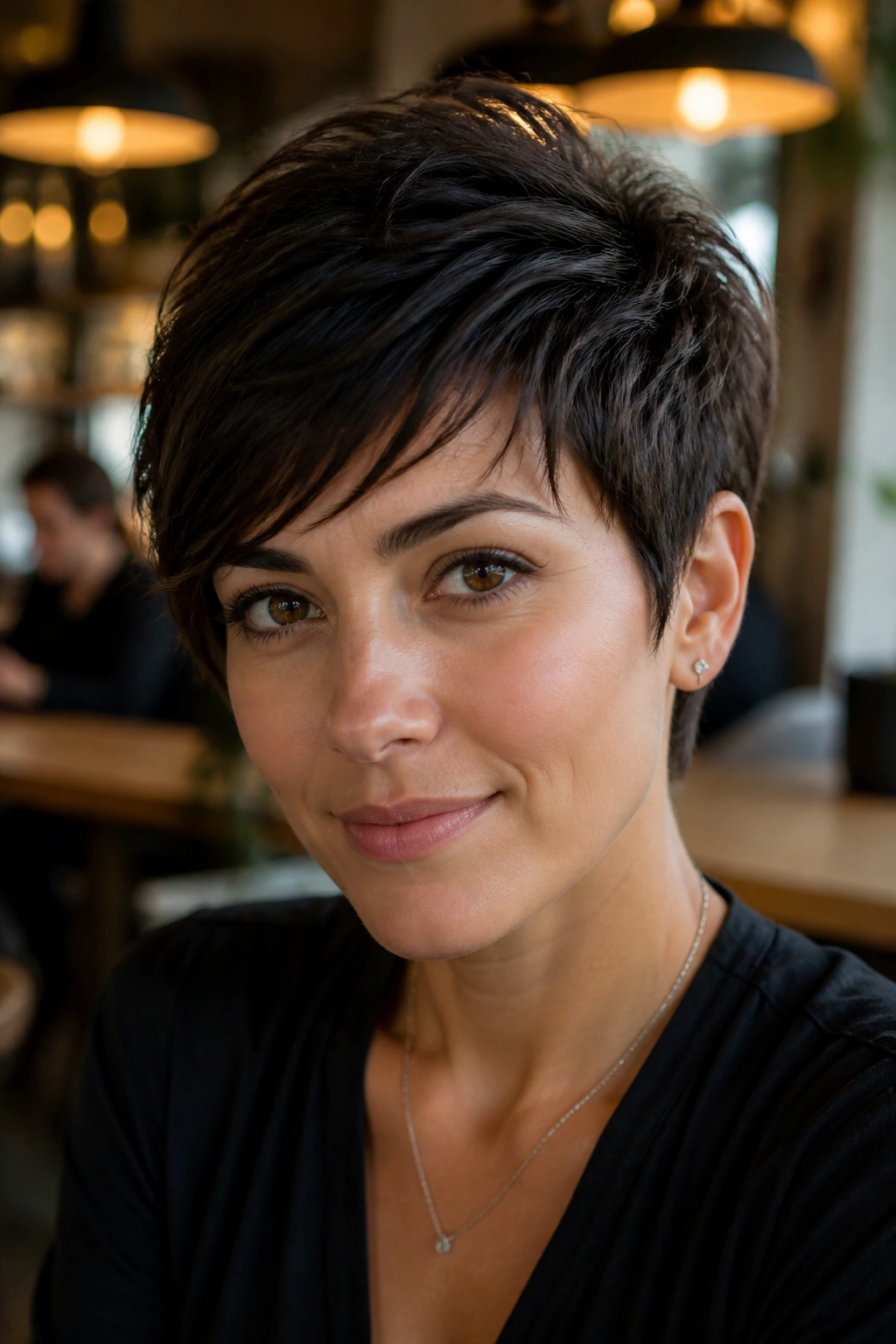 Close-up of woman with textured pixie and side fringe in a warm cafe setting