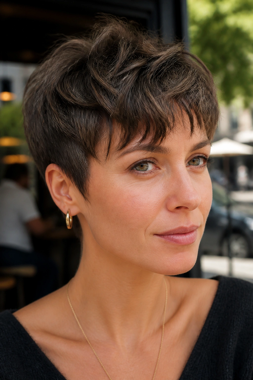 Close-up of a real woman with a textured pixie and choppy fringe outdoors with daylight