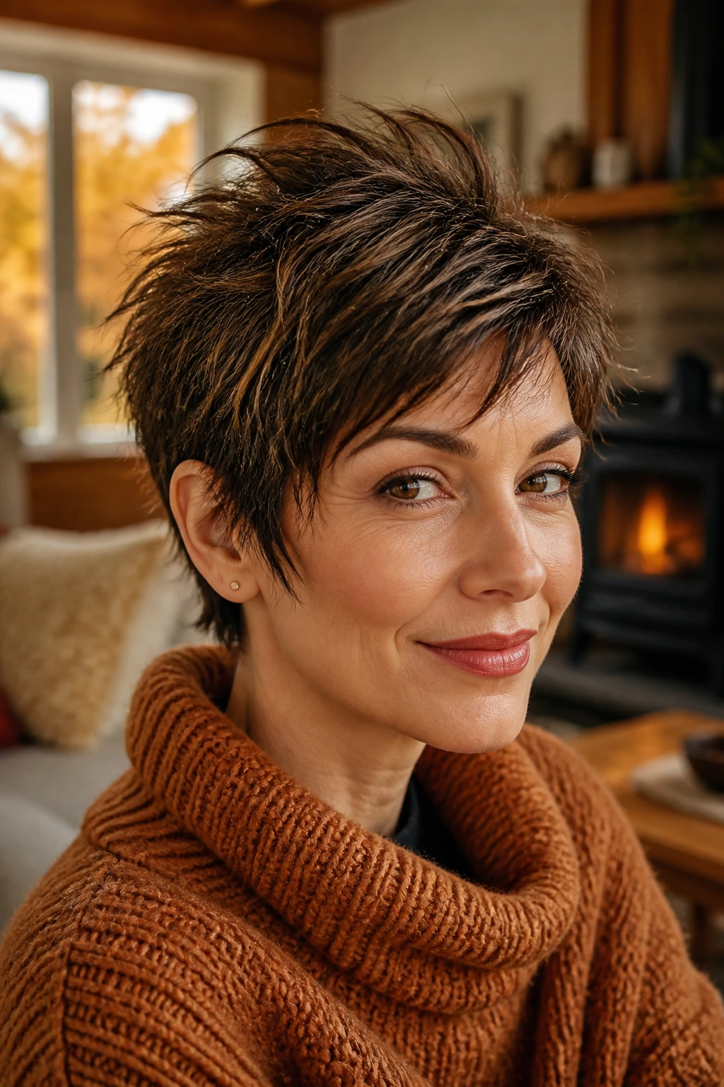 Close-up of real woman with textured pixie haircut in warm autumn light