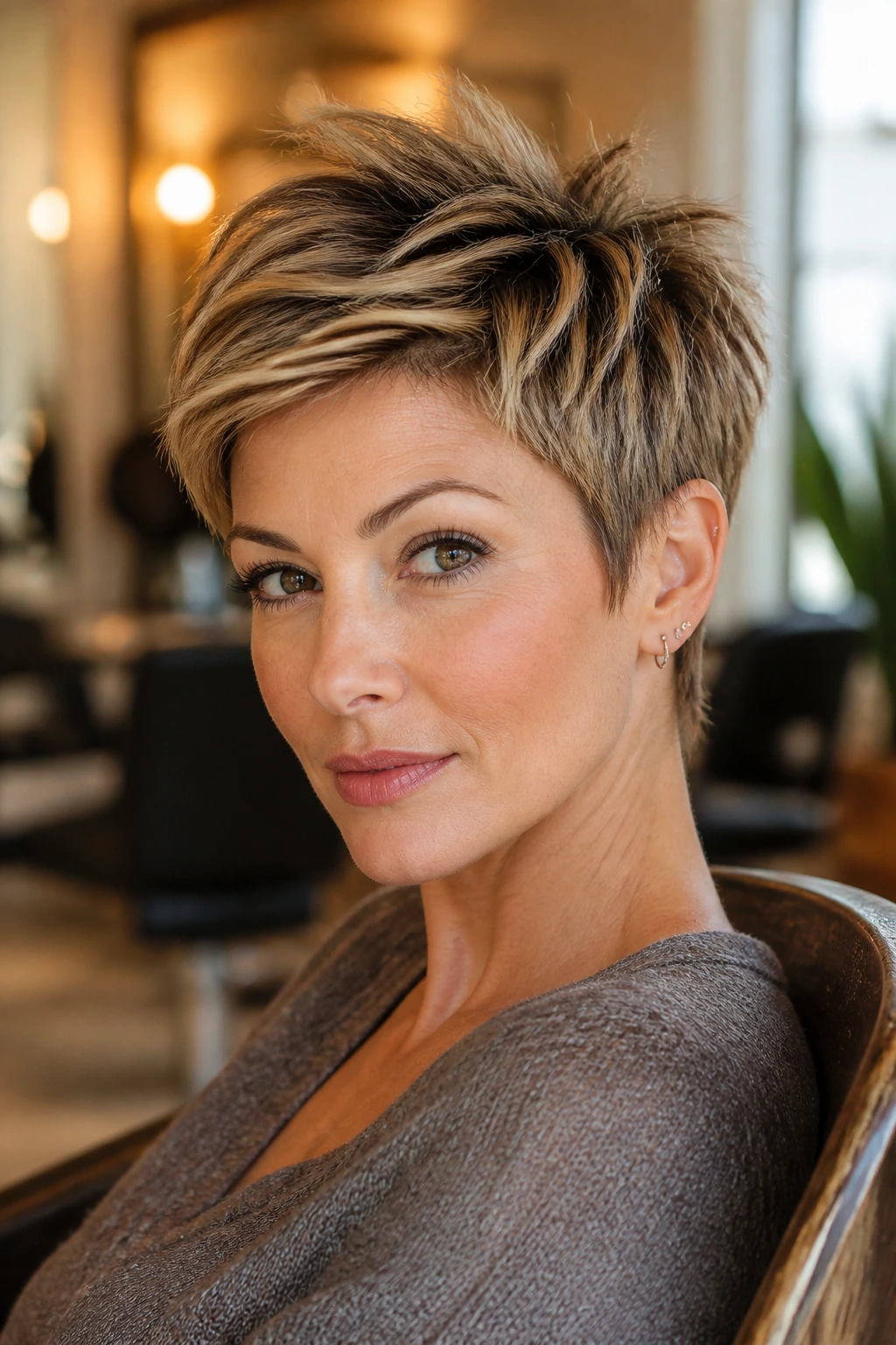Close-up of a real woman with a textured pixie haircut in warm salon lighting