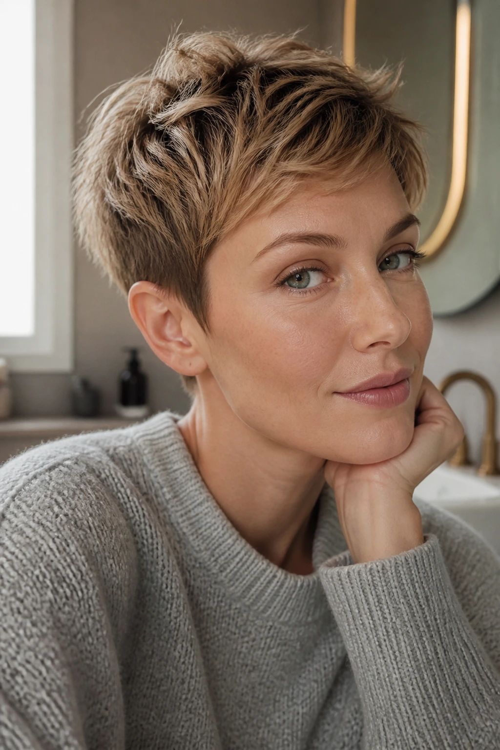 Close-up of a woman with a textured pixie cut in soft morning light