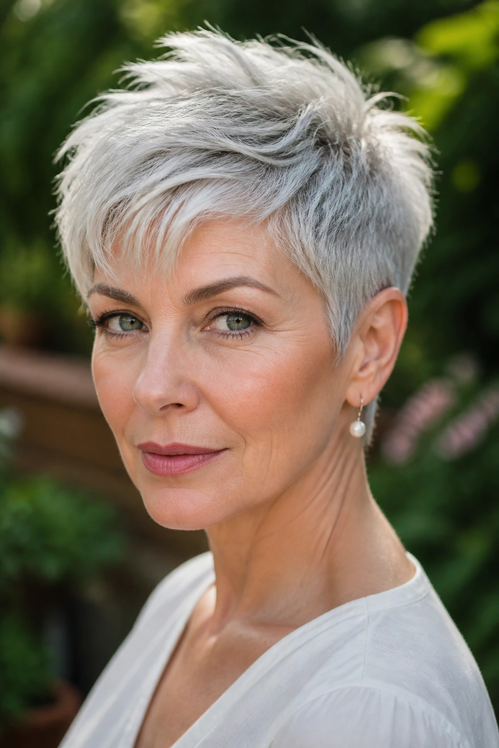 Woman with textured pixie cut in garden morning light