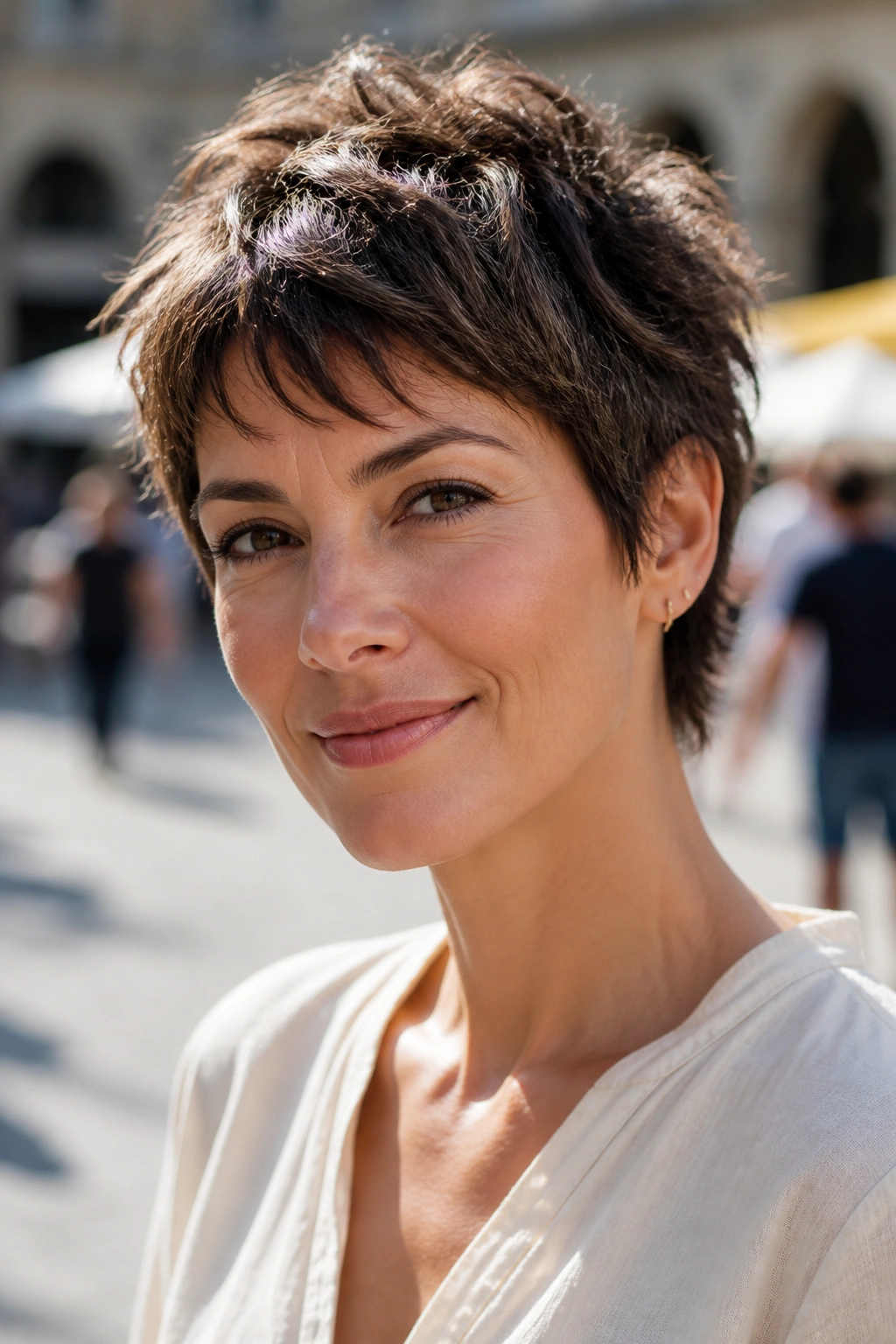 Close-up of a textured pixie with choppy layers in a city plaza.