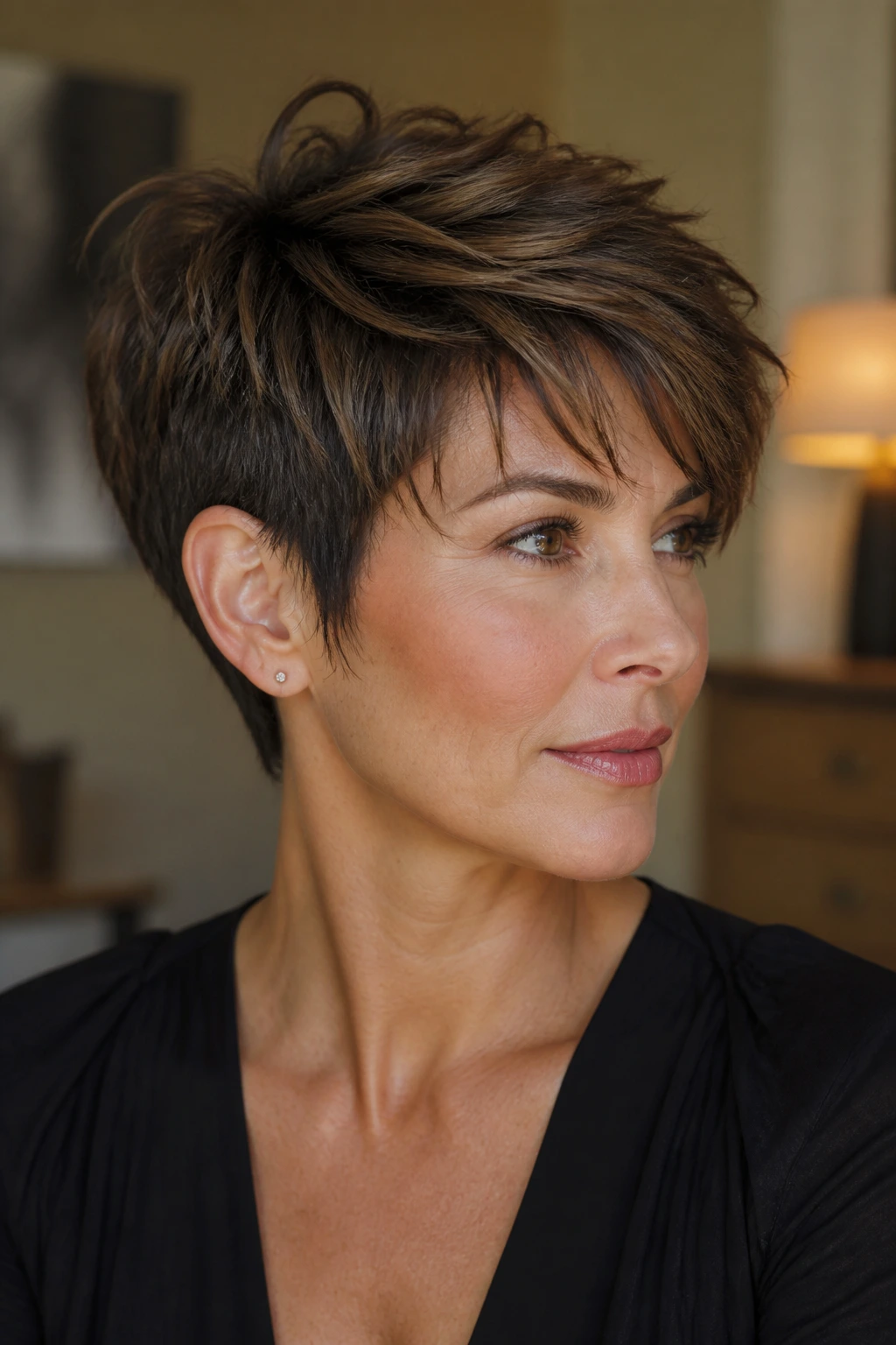 Close-up portrait of a real woman with a textured pixie cut and layered crown