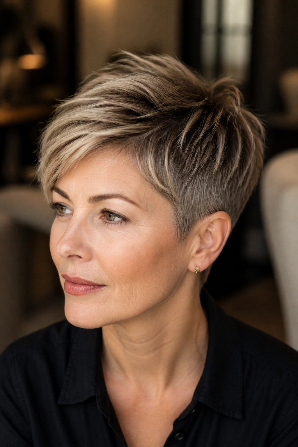 Close-up portrait of a real woman with a textured pixie and longer top