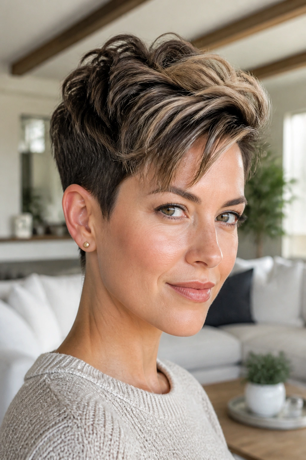 Close-up portrait of a real woman with a textured pixie and long top under daylight in a modern room
