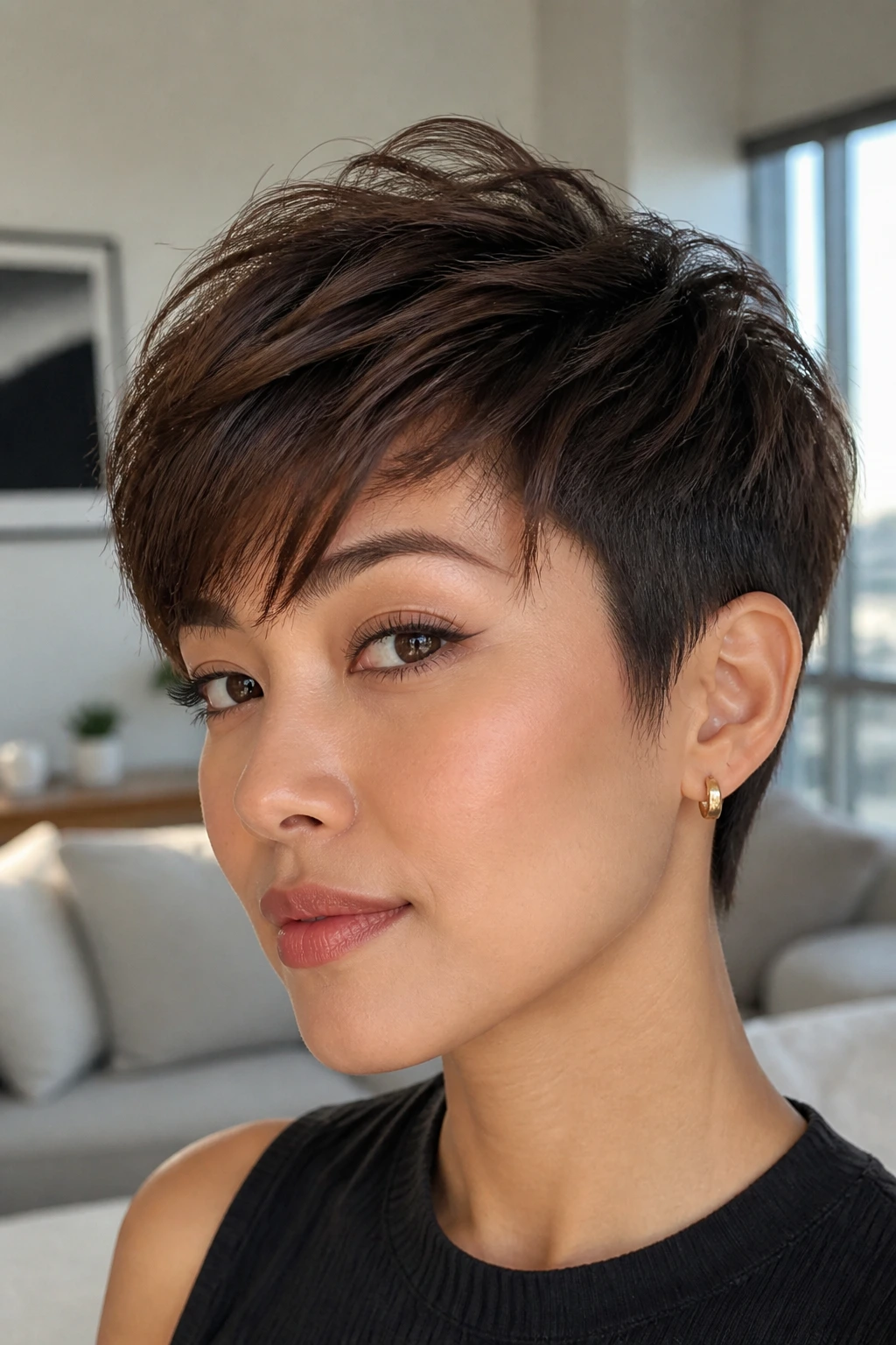 Close-up portrait of a woman with a textured pixie and longer top.