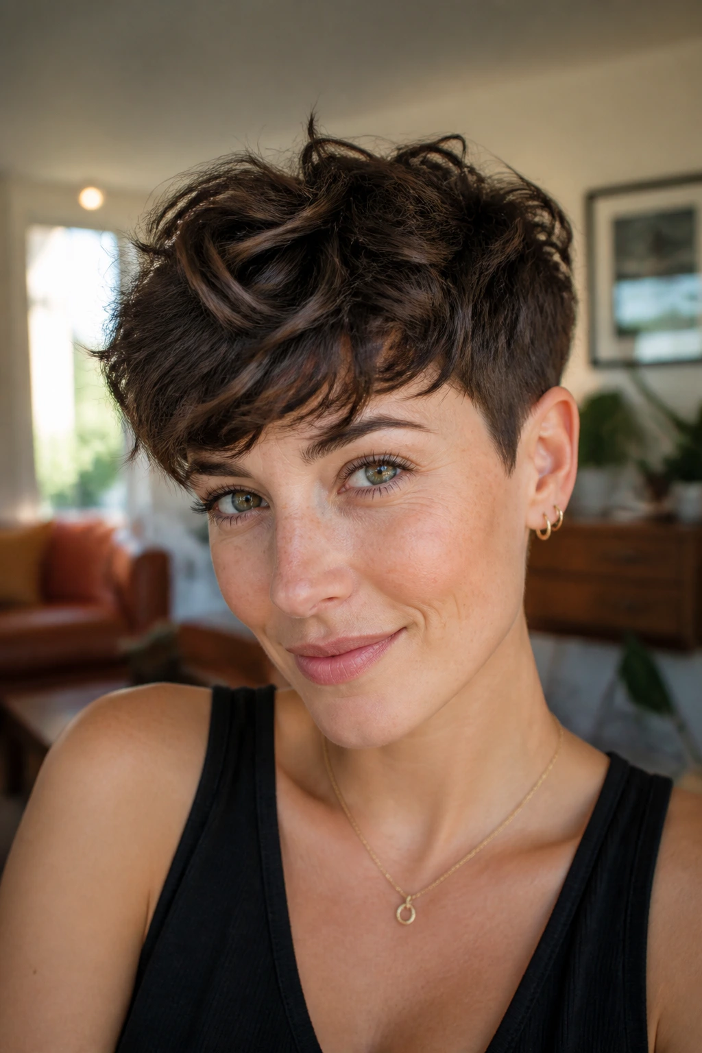 Portrait of a real person with a textured pixie and longer top under warm light