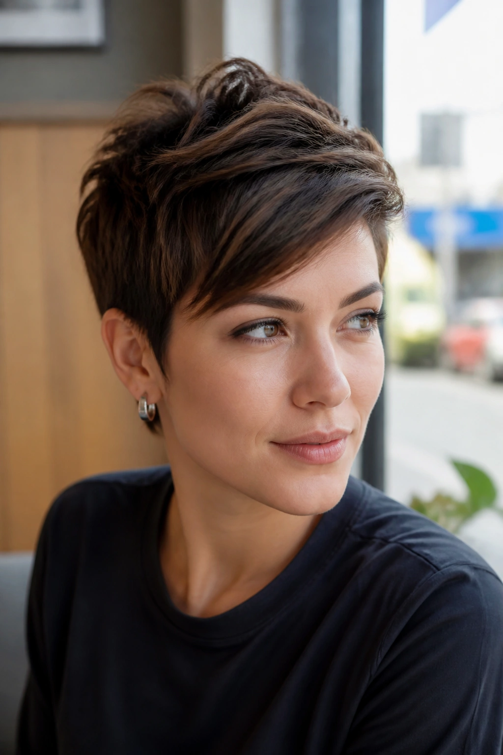 Close-up portrait of a woman with a textured pixie and longer top