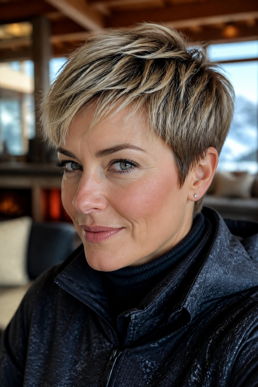 Close-up of a woman with a textured pixie and matte paste in a cozy alpine setting