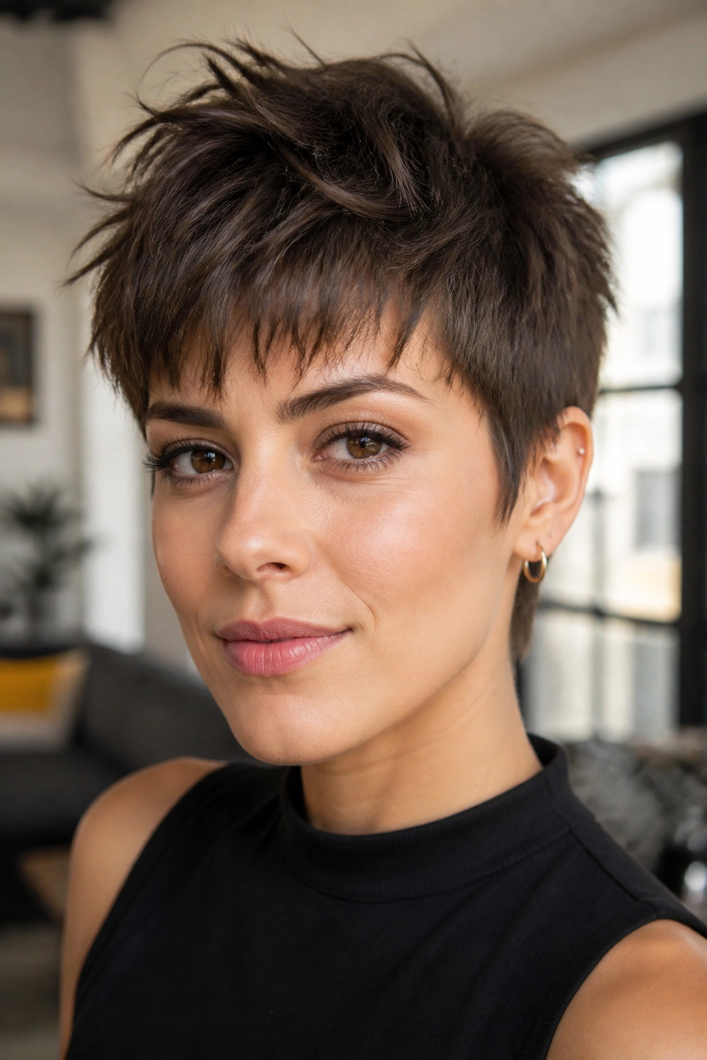 Close-up portrait of a real person with a choppy textured pixie
