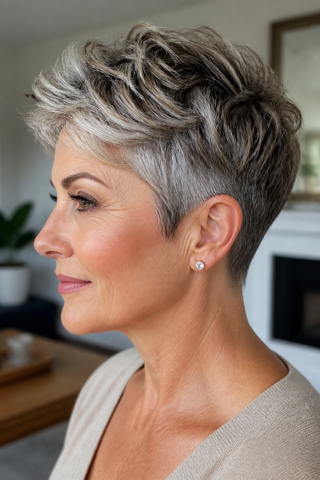 Close-up of a woman with textured pixie and tapered neckline