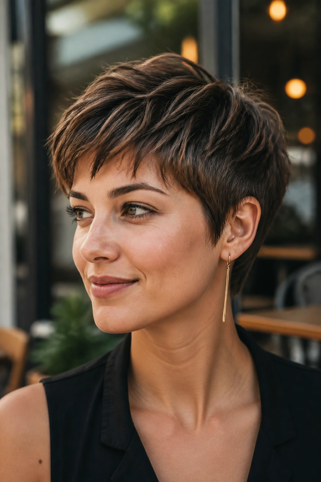 Close-up of a real person with a textured pixie cut under soft daylight