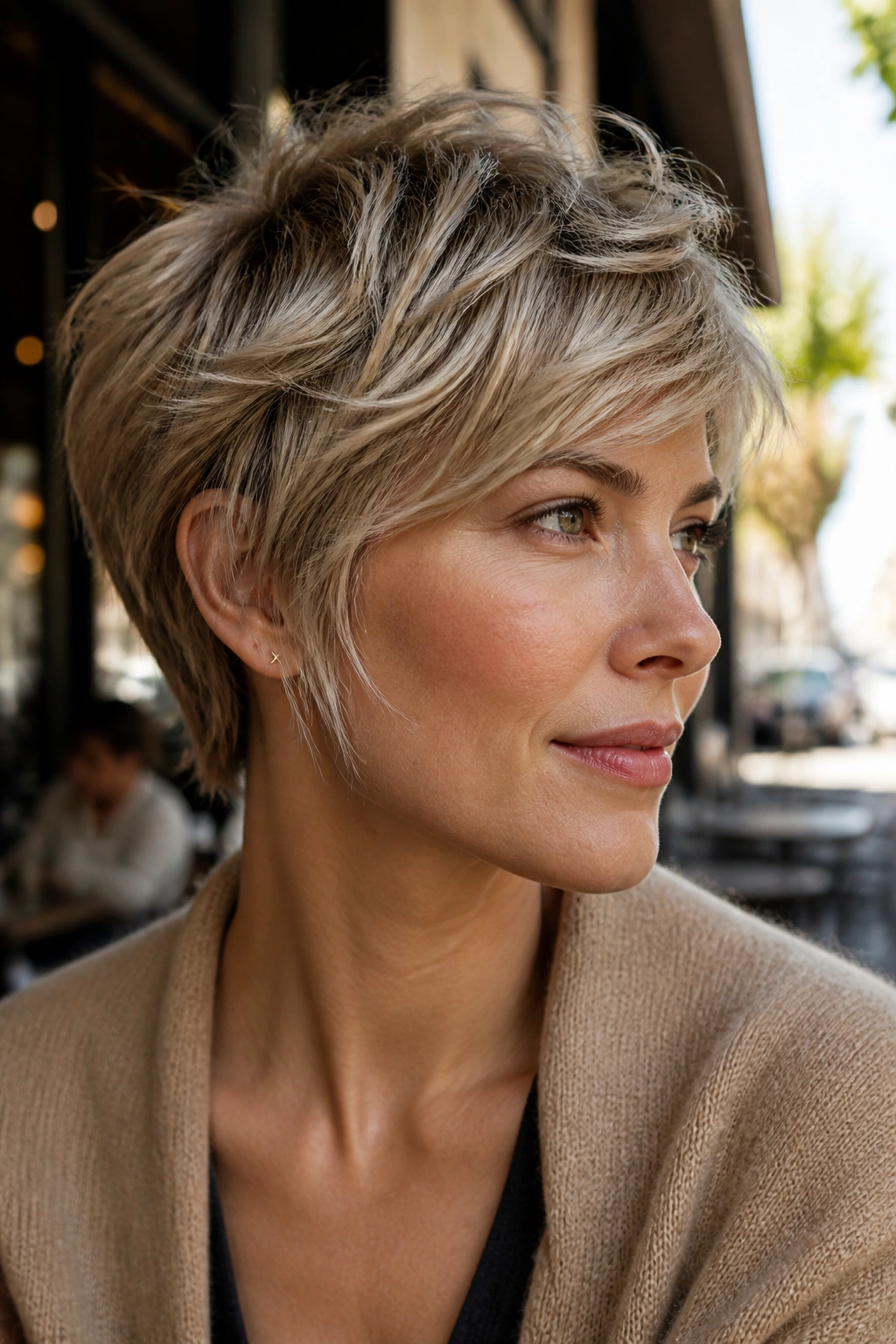 Close-up portrait of a real woman with a choppy textured long pixie