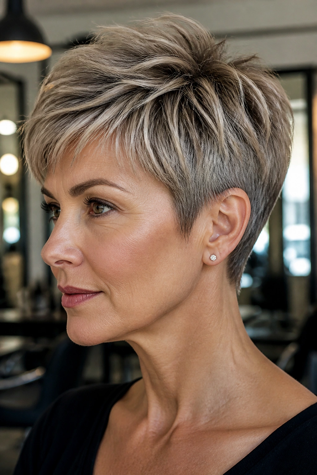 Close-up portrait of a real person with textured pixie and razored crown, clean neckline